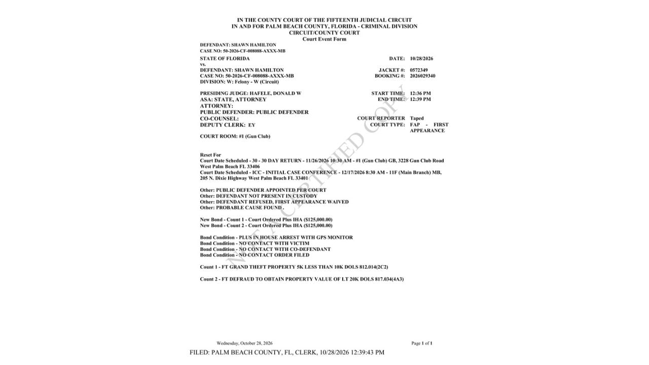 Palm Beach court event form listing two $125,000 bonds, house arrest with GPS and no-contact conditions for Shawn Hamilton.