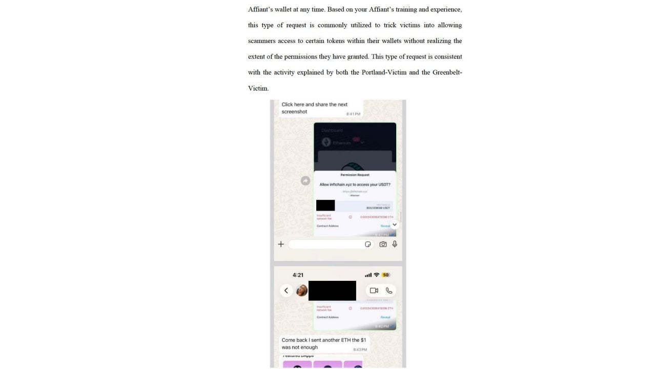 Court-filed screenshot of a cryptocurrency wallet permission request allowing a website to access USDT tokens.