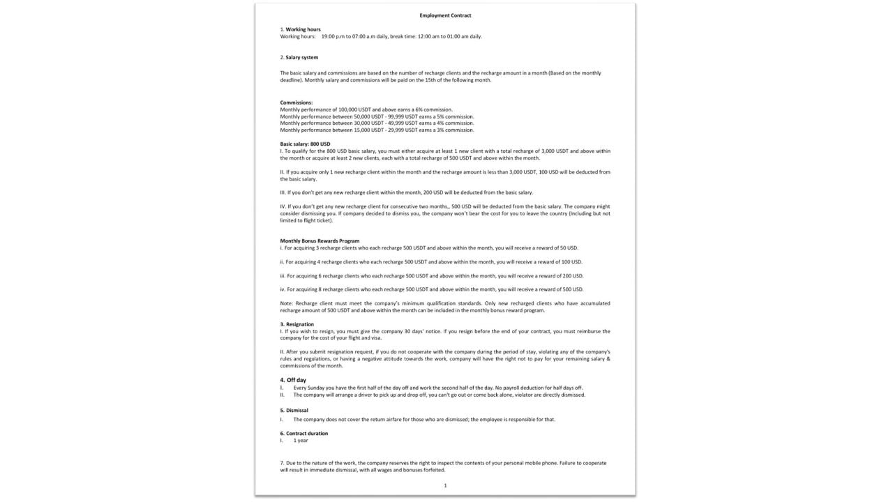 Scanned employee contract showing 7 p.m. to 7 a.m. work hours, an $800 base salary and commission terms.