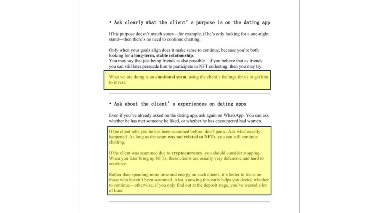 Court-filed conversation script with highlighted instructions calling the strategy an emotional scam.