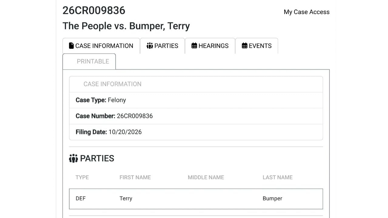Monterey County court-portal screenshot showing felony case 26CR009836, an October 20, 2026 filing date, and Terry Bumper listed as defendant.