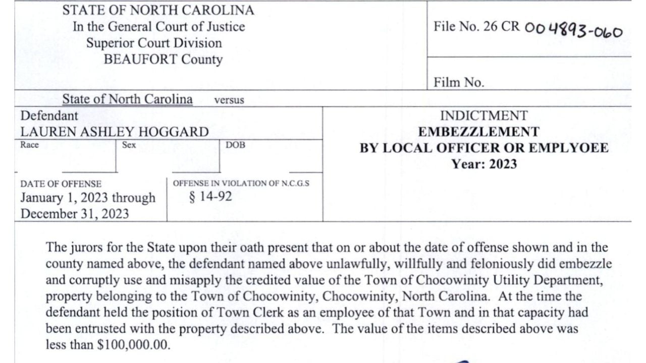 Excerpt from a 2026 felony indictment concerning alleged misuse of Chocowinity utility credits in 2023.