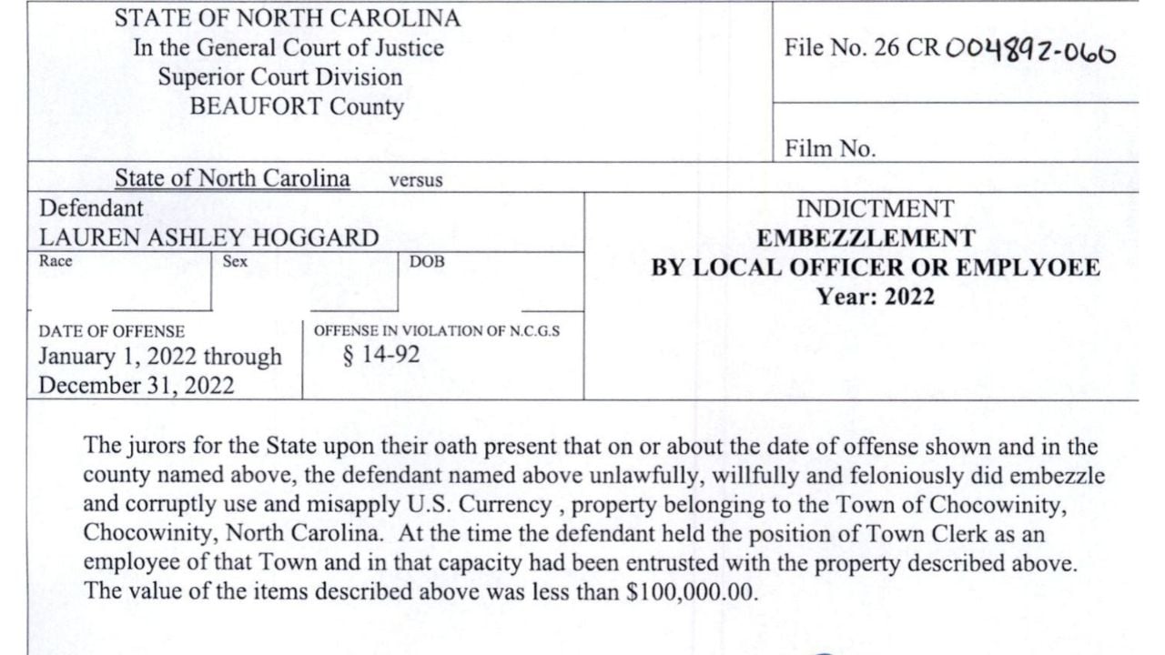 Excerpt from a North Carolina grand-jury indictment identifying U.S. currency as the property allegedly embezzled in 2022.