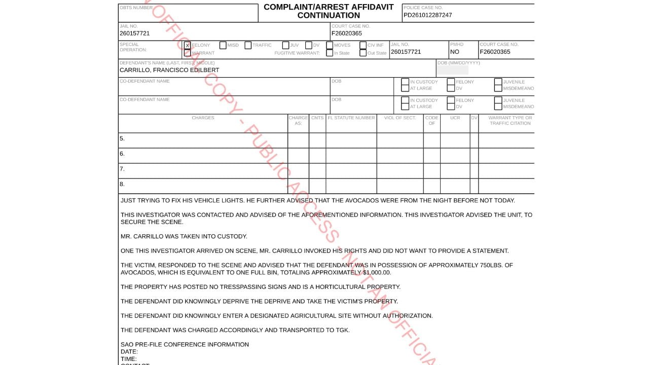 Miami-Dade arrest affidavit continuation describing Carrillo's vehicle-lights explanation and the estimated weight and value of the avocados.