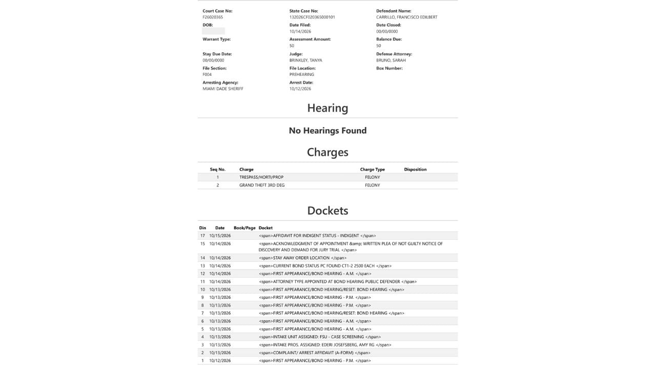 Miami-Dade court case summary displaying Carrillo's two felony charges, bond information and not-guilty filing.