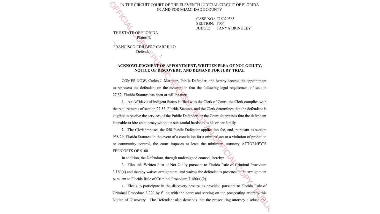 Miami-Dade court filing showing Francisco Edilbert Carrillo's written plea of not guilty and demand for a jury trial.