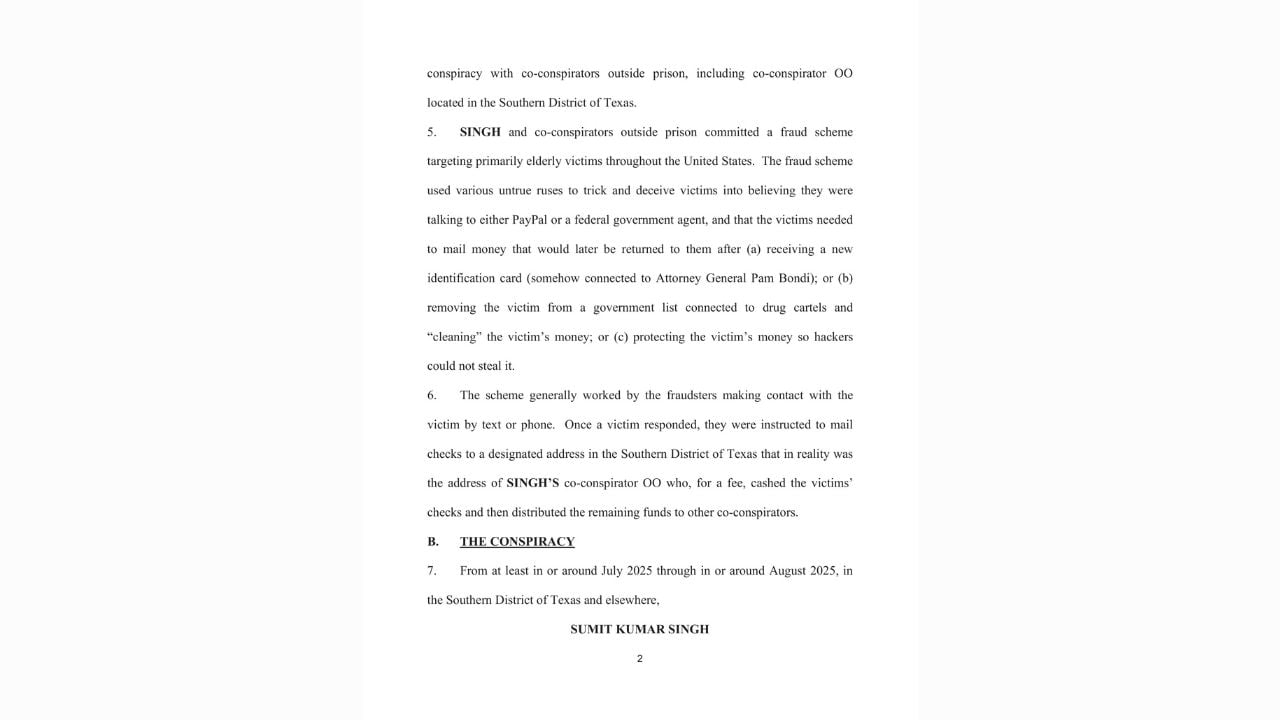 Superseding federal charging document describing PayPal impersonation, fake government claims and requests for victims to mail checks.