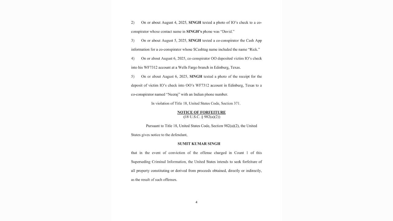 Federal charging document listing messages sent from Singh's phone, the check deposit and the photograph of its receipt.