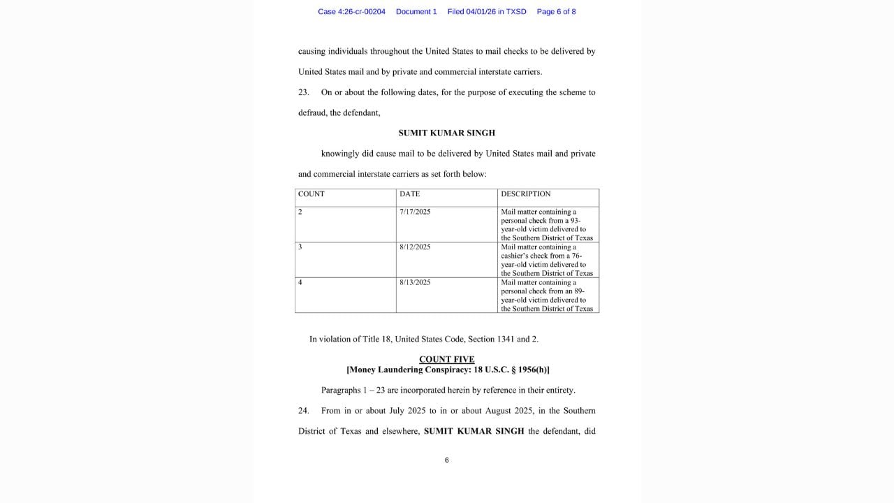 Original federal indictment showing mail-fraud counts involving three elderly victims and a money-laundering conspiracy allegation.