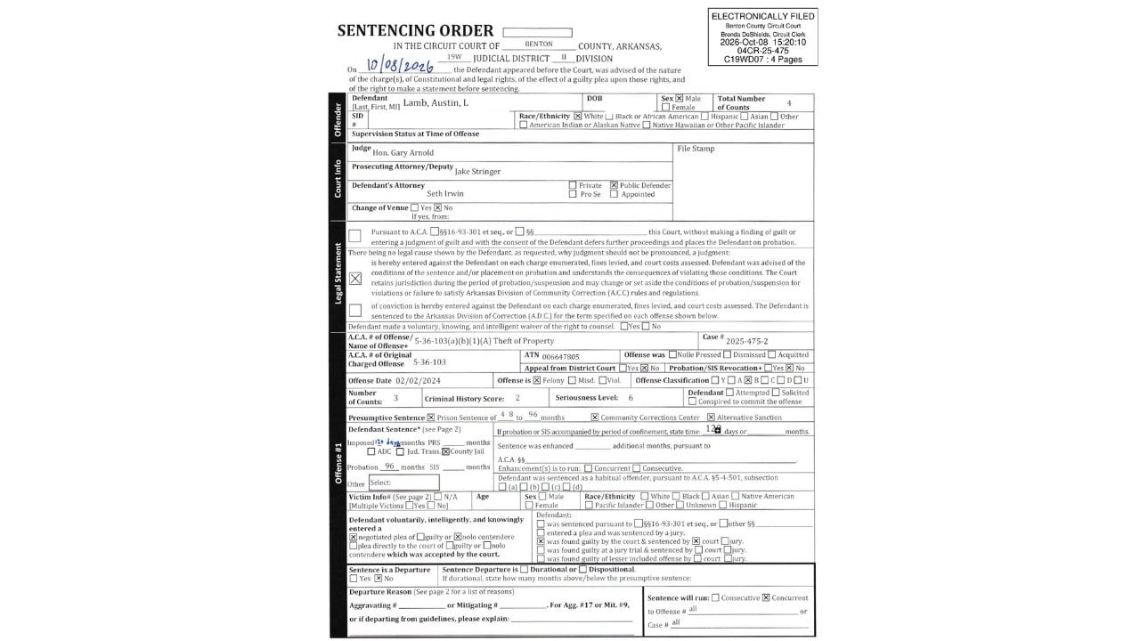 Sentencing-order excerpts documenting Austin Lamb's no-contest plea and court-imposed jail and probation terms.