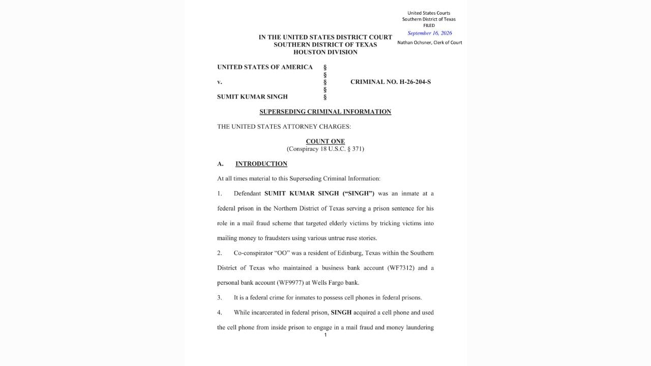 First page of the September 2026 superseding criminal information showing the single conspiracy charge against Sumit Kumar Singh.