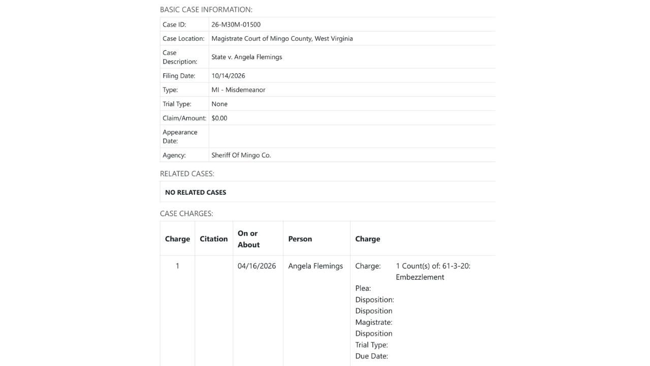 Court record showing Angela Flemings, an April 16 alleged offense date and one misdemeanor embezzlement charge.