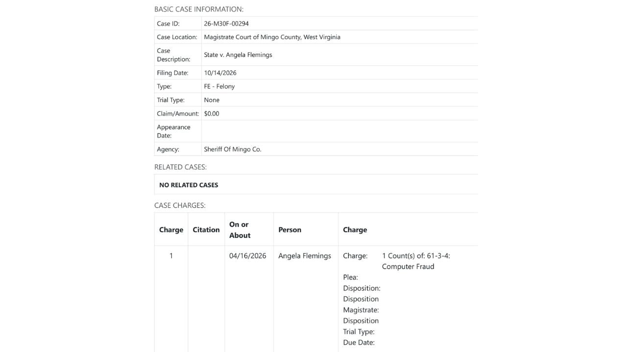 Felony magistrate case record for Angela Flemings displaying the computer-fraud charge label, filing date and April 16 offense date.