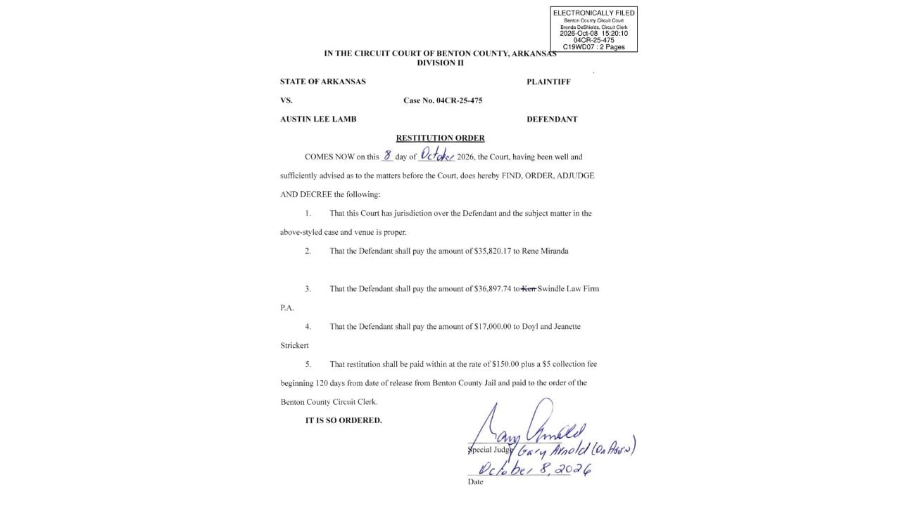 Signed restitution order showing three financial awards and monthly repayment terms.