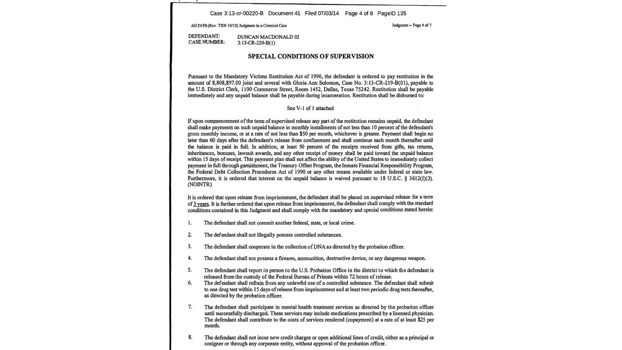 Amended federal criminal judgment showing an $8,808,897 restitution obligation in Duncan MacDonald's earlier investment-fraud case.