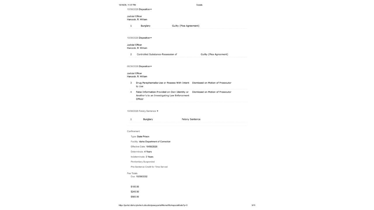 Court record showing burglary and drug-possession convictions, dismissed misdemeanor charges, and a four-year determinate plus three-year indeterminate sentence marked suspended.