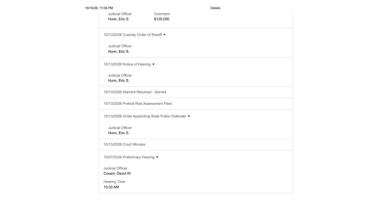Court docket excerpt displaying the $125,000 bond amount and the October 27, 2026, preliminary hearing before Judge David W. Cousin.