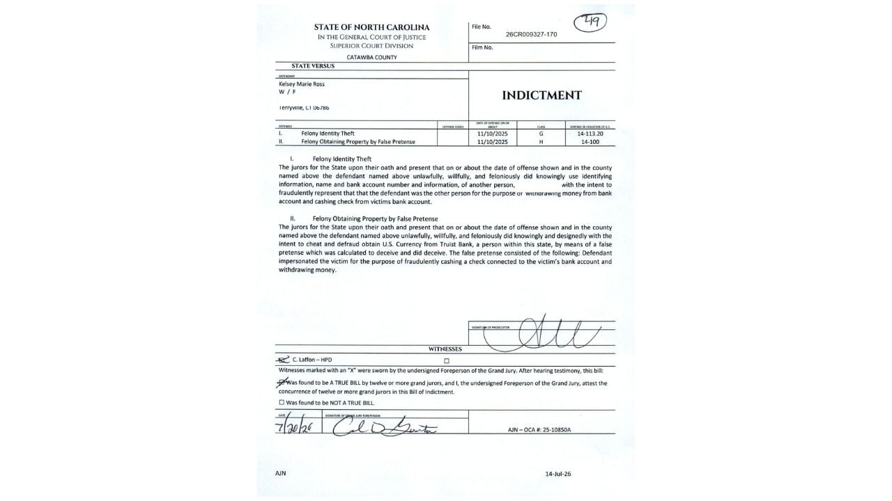 Redacted North Carolina indictment showing identity theft and obtaining property by false pretenses charges.