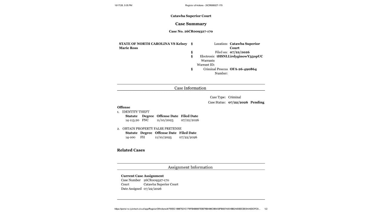 Court summary displaying the case number, two felony charges, filing date and pending status.