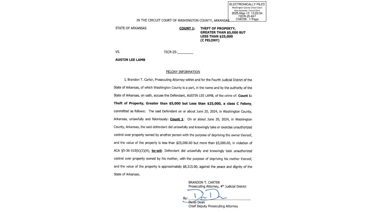 Washington County charging document identifying a pending Class C felony theft accusation involving Austin Lee Lamb.