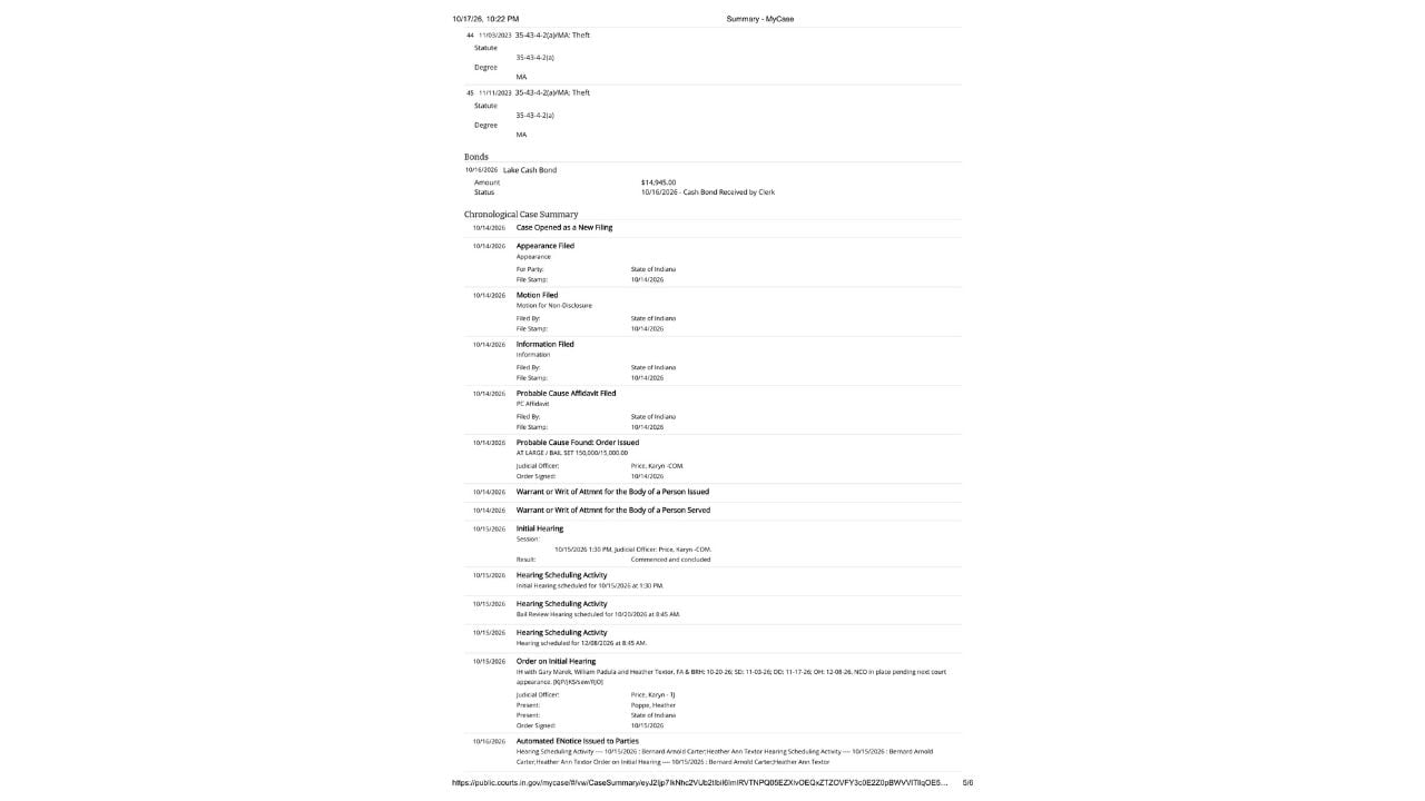 Indiana MyCase court record showing Heather Ann Textor's cash-bond entry and October 2026 court proceedings.