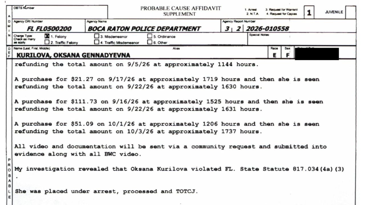 Police affidavit showing Nordstrom Rack purchase and refund transactions.