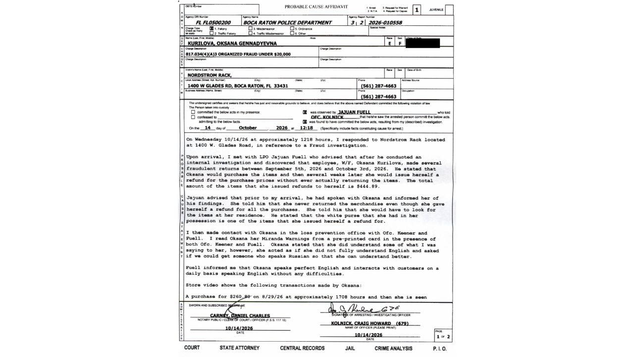 Redacted Boca Raton police affidavit describing the Nordstrom Rack refund allegations.