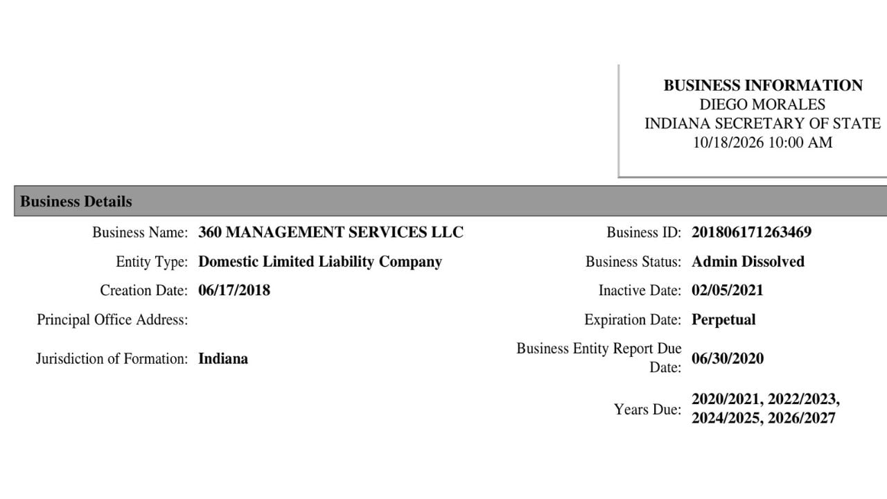 Indiana Secretary of State business record showing 360 Management Services LLC's administrative dissolution status and February 5, 2021 inactive date.