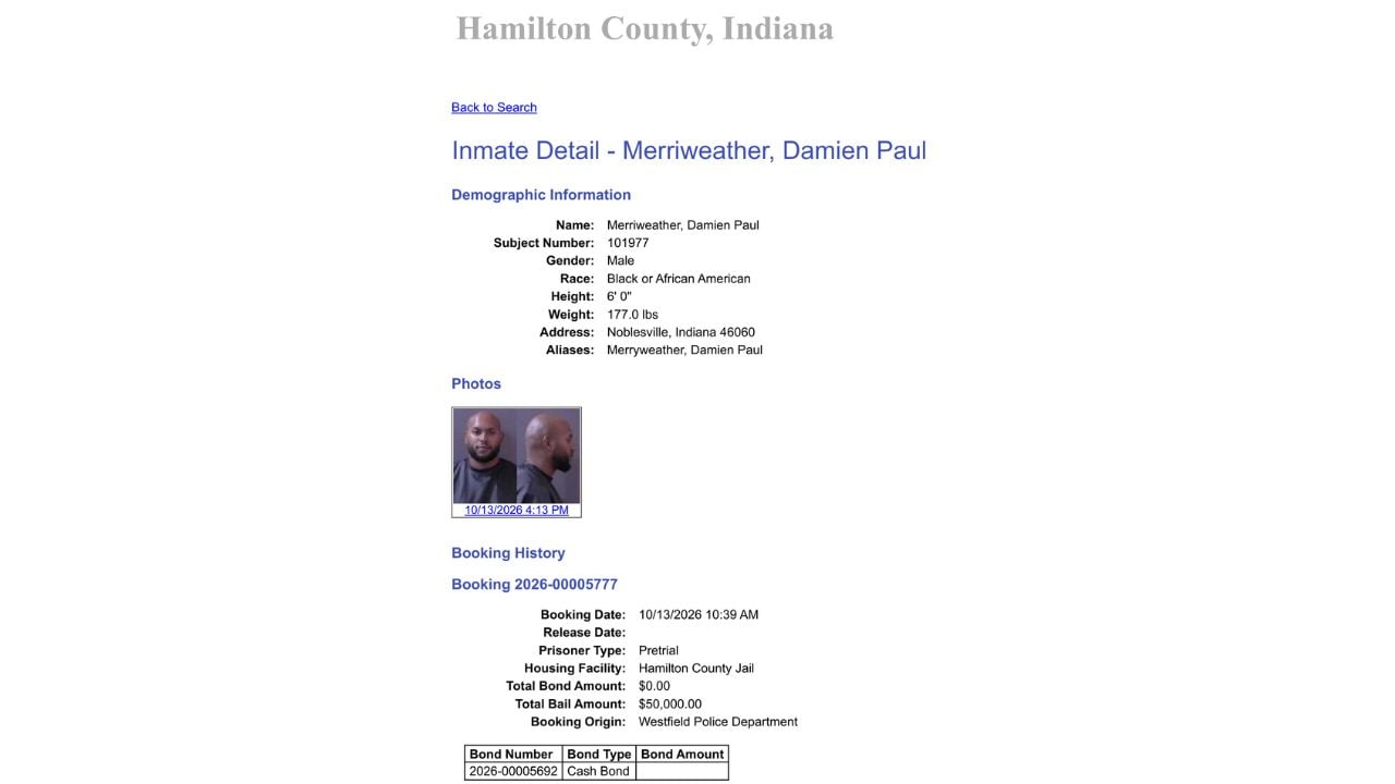 Hamilton County Sheriff's Office inmate record showing Damien Paul Merriweather's booking photographs, booking date and bail information.