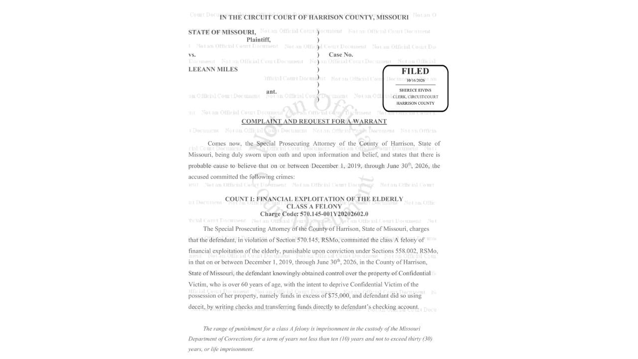 Redacted Harrison County criminal complaint showing Lee Ann Miles' name, October 16 filing stamp and Class A financial-exploitation allegation.