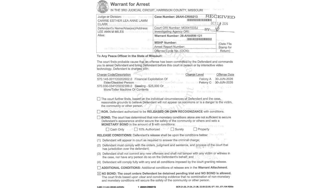 Redacted Missouri arrest warrant showing Lee Ann Miles' name, two felony charges and a checked no-bond detention order.