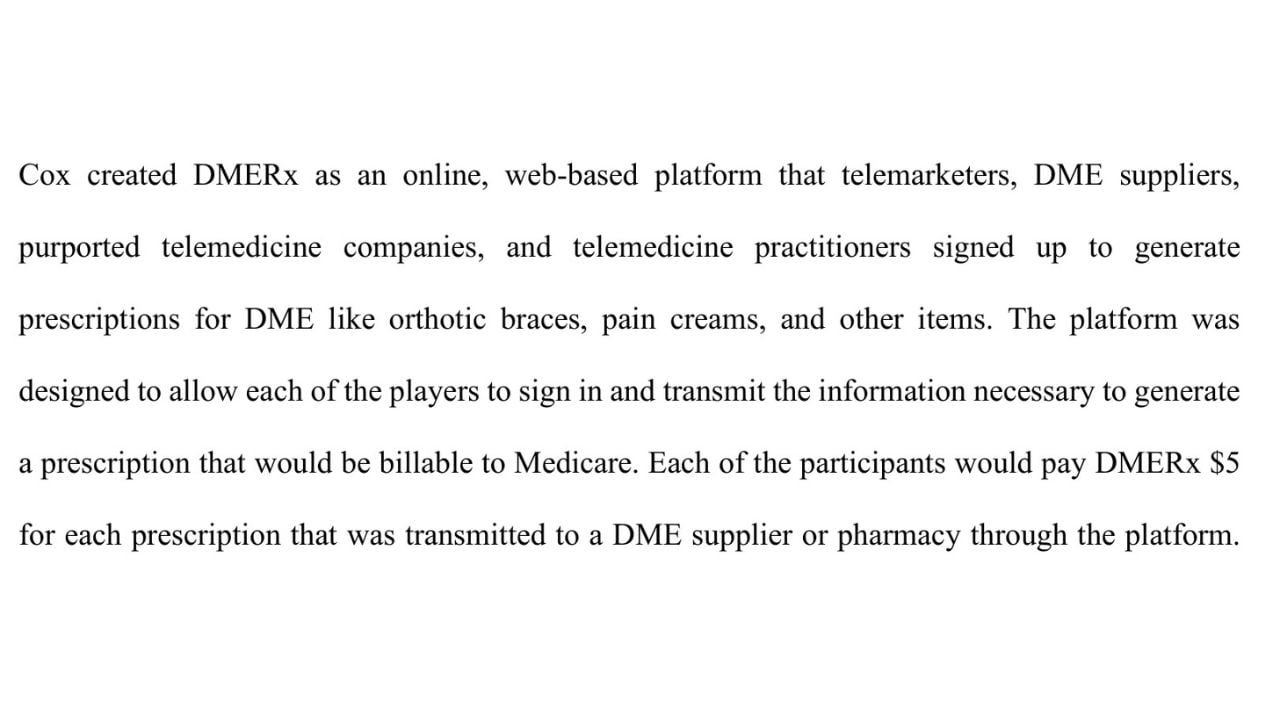 Excerpt from a federal sentencing memorandum describing the DMERx prescription platform and its $5 transmission fee.