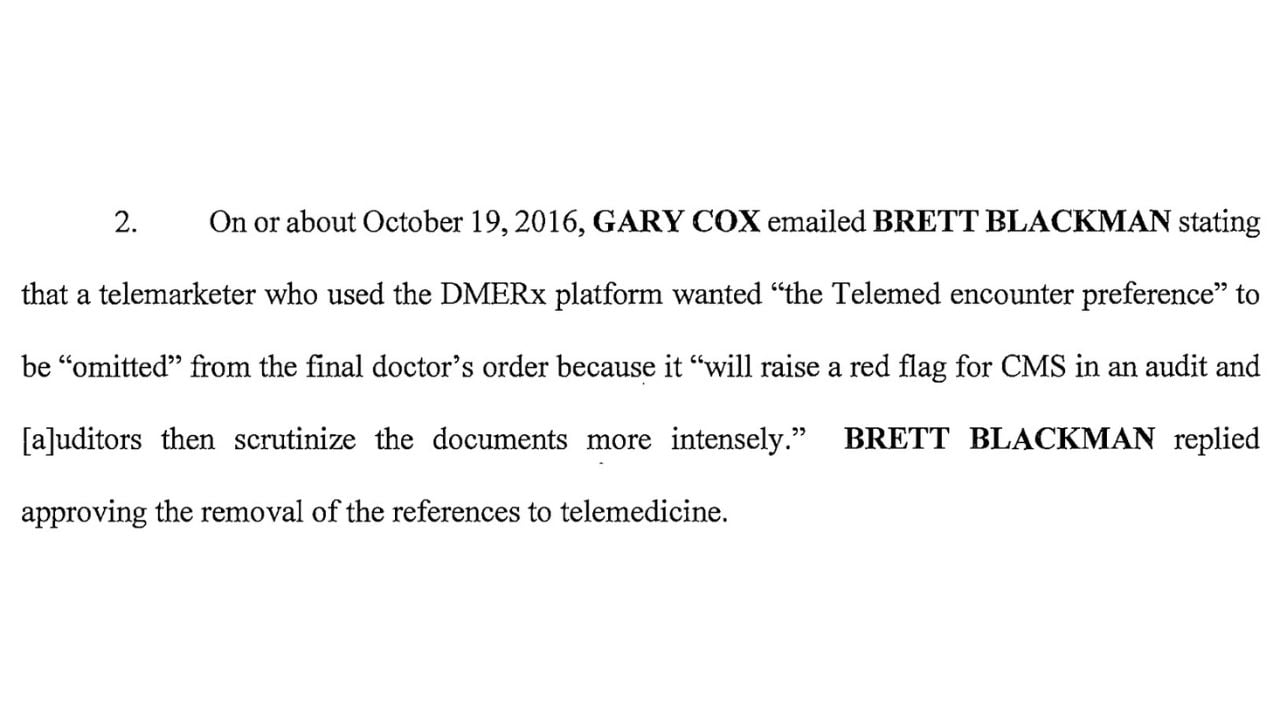 Federal indictment excerpt describing a 2016 email to Brett Blackman and his approval of removing telemedicine references from medical orders.