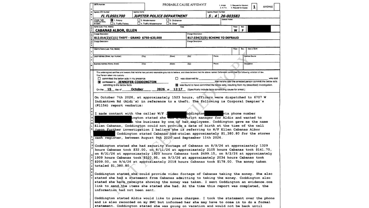 Redacted Jupiter police probable-cause affidavit showing six reported cash transactions and the $1,380.80 total.