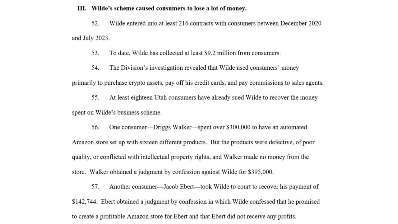 Utah court complaint detailing 216 customer contracts, $9.2 million in payments to Parker Wilde and alleged misuse of consumer funds.