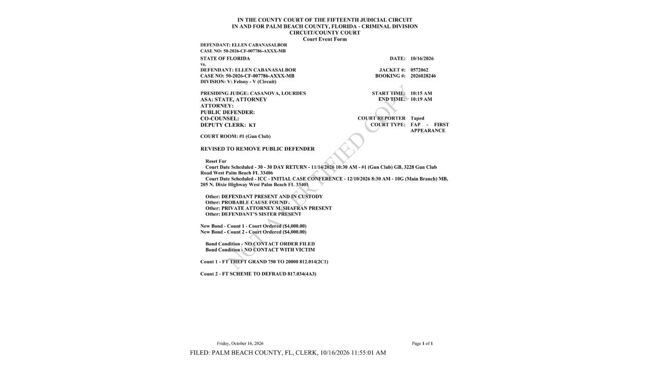 Revised first-appearance court record showing two felony counts, $4,000 bond for each count and future hearing dates.