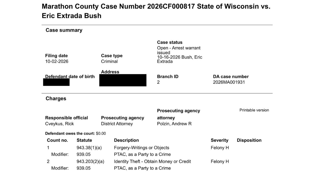 Redacted Marathon County court summary identifying Eric Extrada Bush, two Class H felony charges and the case's arrest-warrant status.