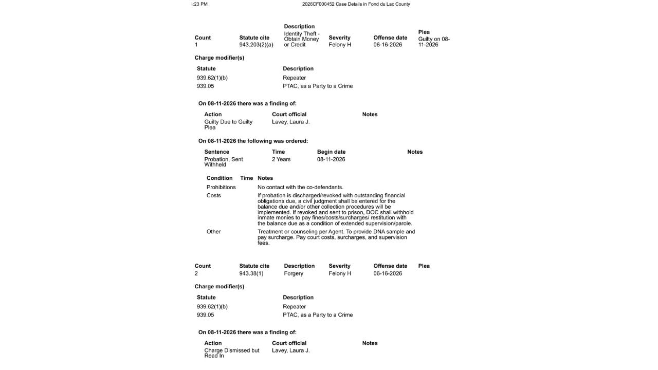 Wisconsin court record showing a felony identity-theft guilty plea, two years of probation with sentence withheld and a forgery charge dismissed but read in.