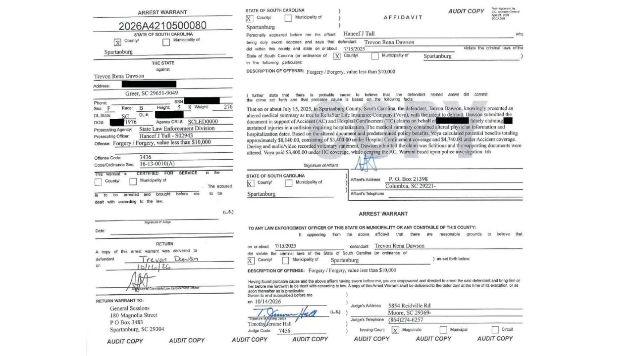 South Carolina arrest warrant alleging altered medical-summary details, showing calculated insurance benefits and a paid hospital claim.