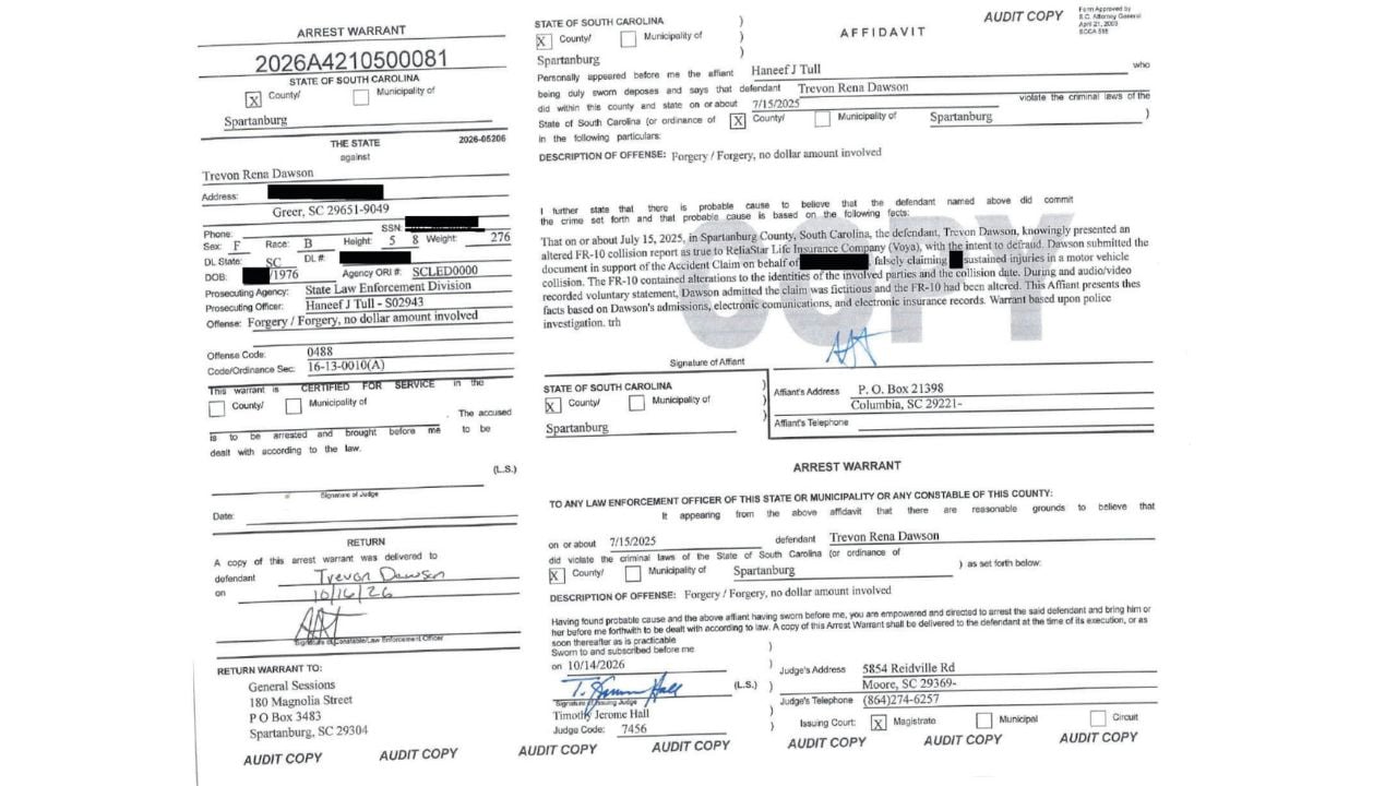 South Carolina forgery warrant describing alleged alterations to an FR-10 insurance verification document.