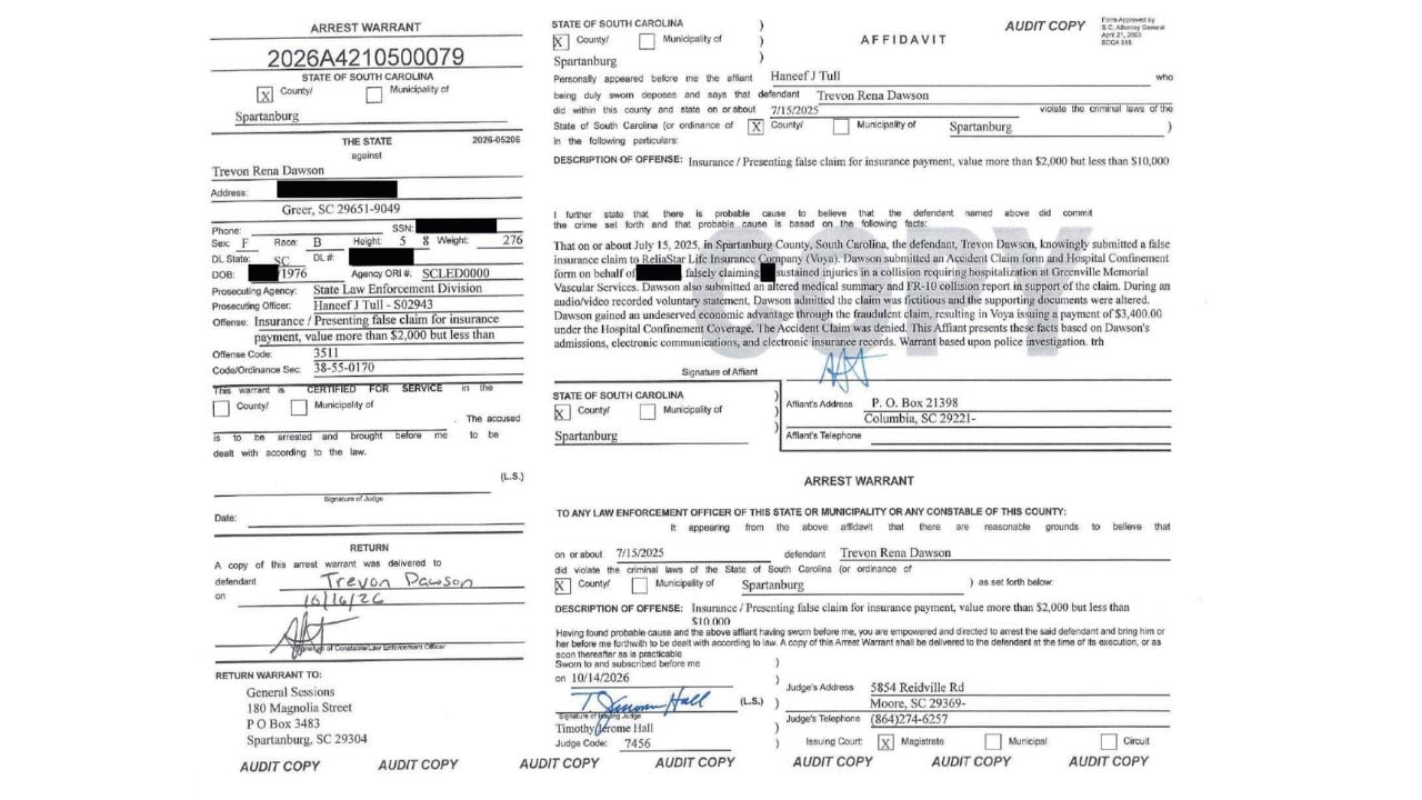 South Carolina insurance-fraud arrest warrant describing a recorded statement and payment under hospital-confinement coverage.