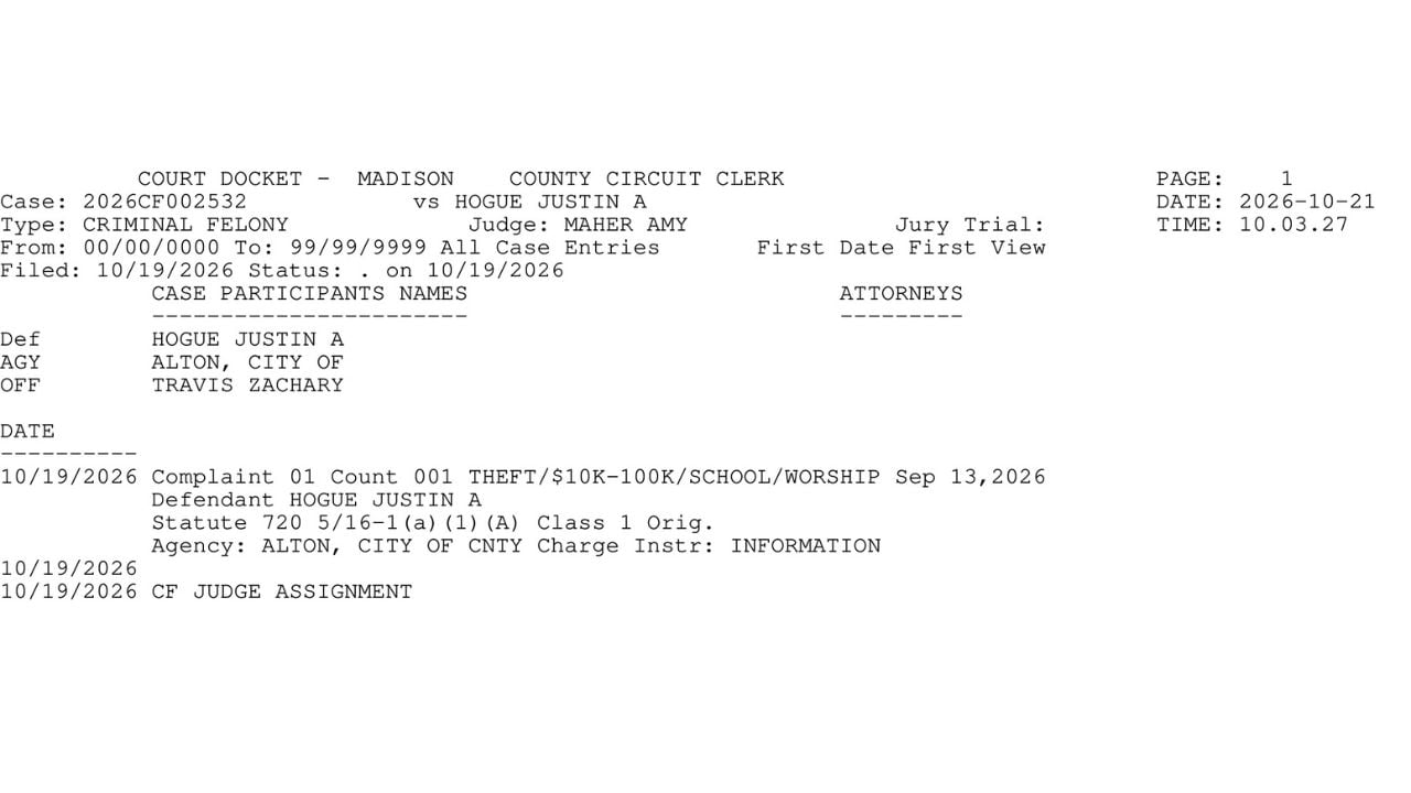 Madison County court docket listing Justin A. Hogue's Class 1 theft charge involving property valued between $10,000 and $100,000 at a place of worship.