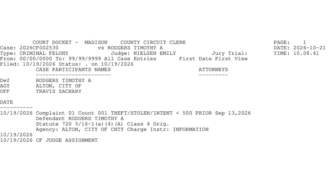 Madison County felony docket showing Timothy A. Rodgers' stolen-property theft charge, with an under-$500 prior-offense designation.