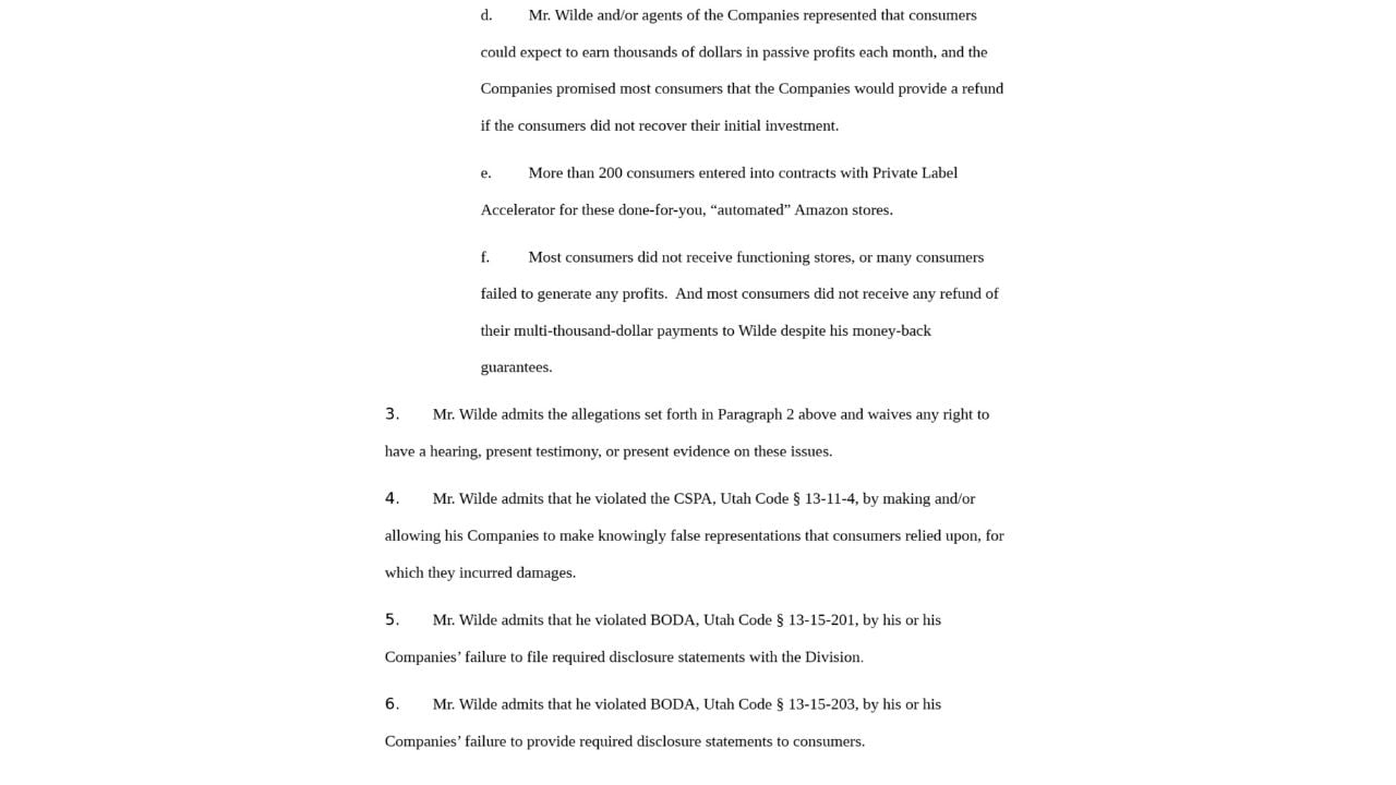 Utah stipulated court order documenting Parker Wilde's admissions involving false consumer representations and business opportunity disclosure violations.