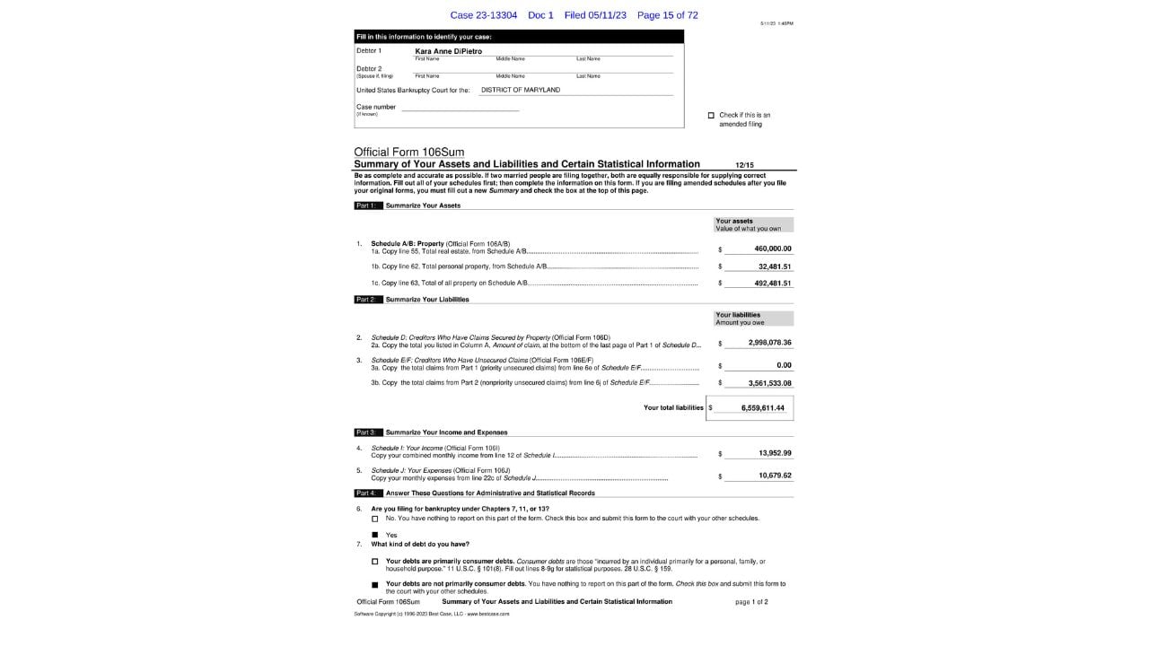 Official 2023 bankruptcy financial summary listing Kara DiPietro's reported assets, secured claims and unsecured claims.