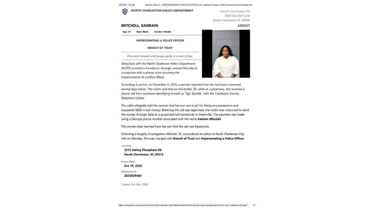 Official police arrest notice showing Kadrain Mitchell's photograph, two charges and an account of an alleged fraudulent Zelle bail payment.