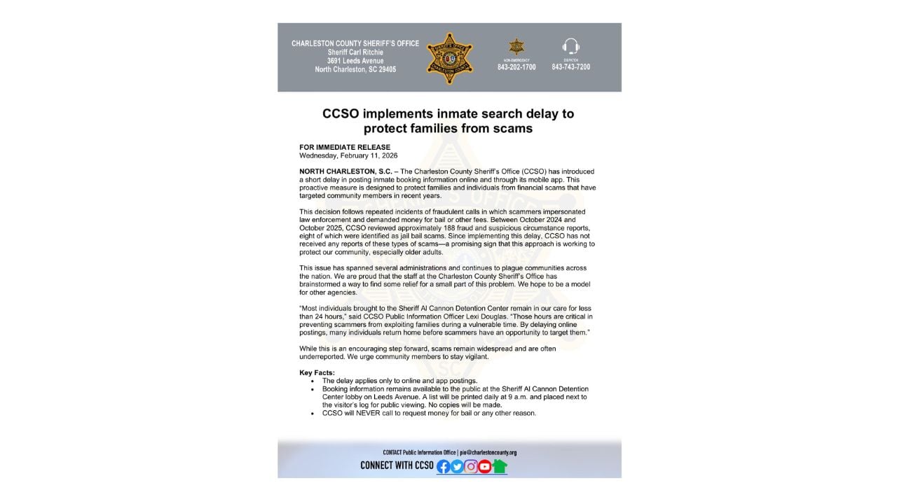 Official Charleston County Sheriff's Office announcement explaining its delayed online inmate booking information policy