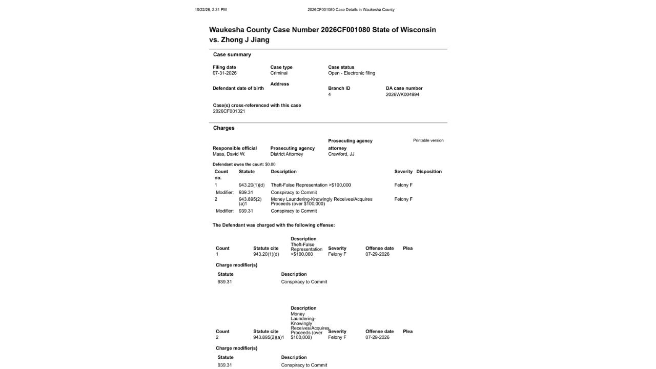 Redacted Waukesha County criminal case summary listing theft by false representation and money-laundering conspiracy charges against Zhong J. Jiang.