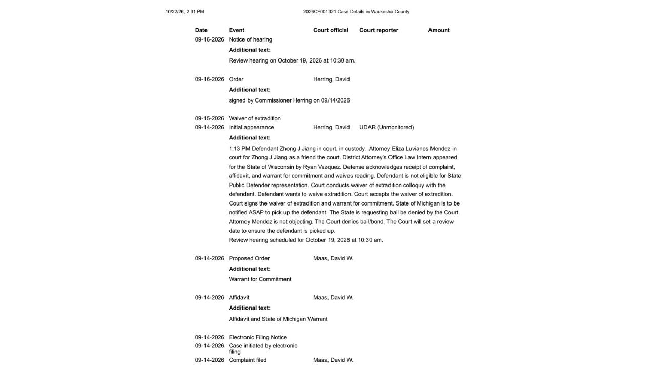 Wisconsin extradition docket showing Jiang's September 14, 2026 hearing, waiver of extradition and no-bond decision.