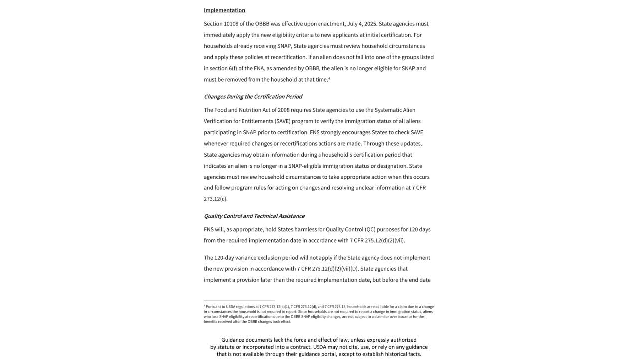 Official USDA memorandum page outlining SNAP implementation dates, recertification rules and SAVE immigration-status verification requirements.